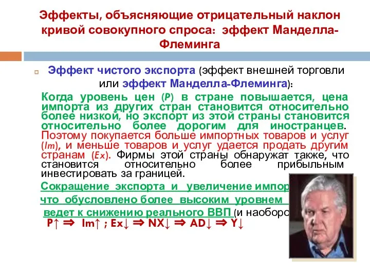 Эффекты, объясняющие отрицательный наклон кривой совокупного спроса: эффект Манделла-Флеминга Эффект чистого