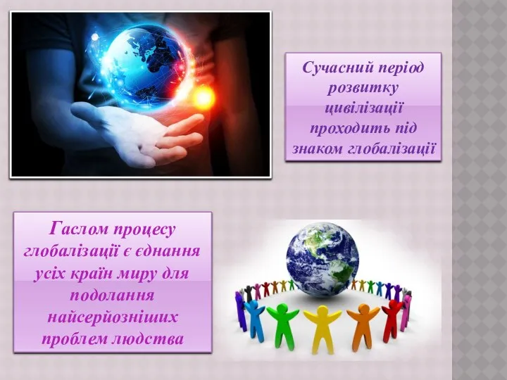 Сучасний період розвитку цивілізації проходить під знаком глобалізації Гаслом процесу глобалізації