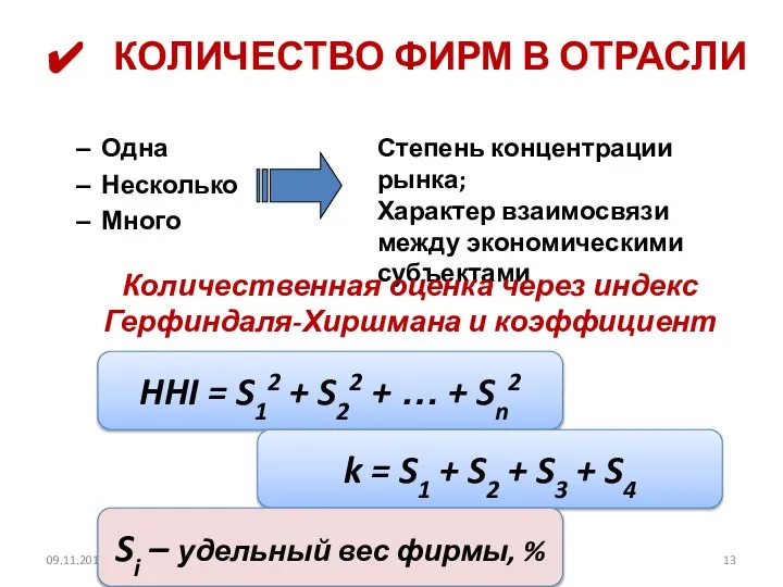 КОЛИЧЕСТВО ФИРМ В ОТРАСЛИ Одна Несколько Много Степень концентрации рынка; Характер