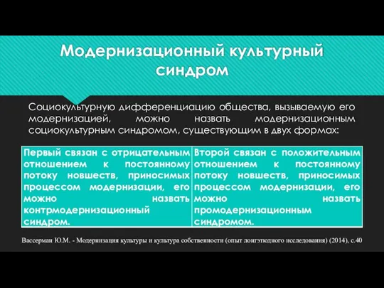 Модернизационный культурный синдром Социокультурную дифференциацию общества, вызываемую его модернизацией, можно назвать