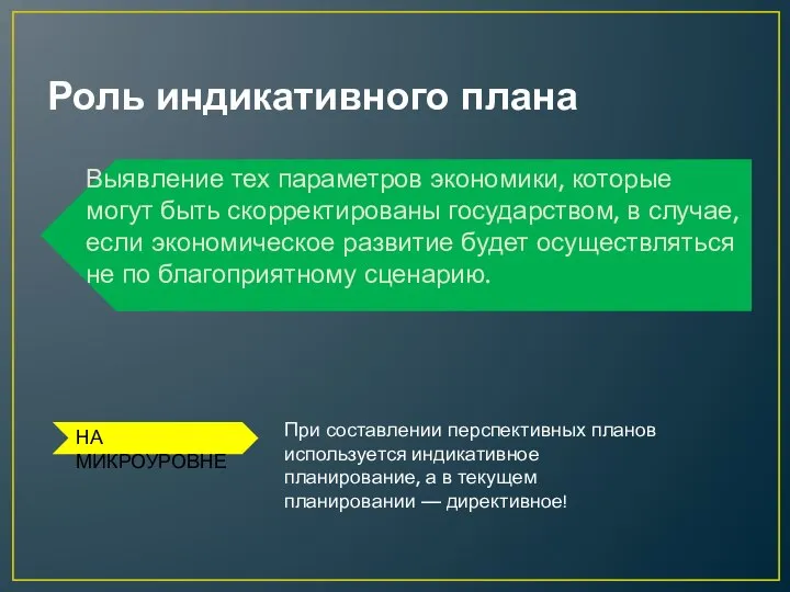 Роль индикативного плана Выявление тех параметров экономики, которые могут быть скорректированы