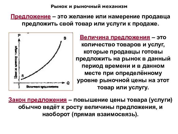 Рынок и рыночный механизм Предложение – это желание или намерение продавца