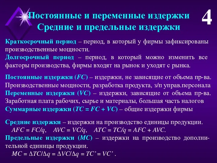 Постоянные и переменные издержки Средние и предельные издержки 4 Краткосрочный период