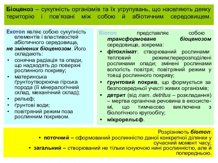 Біоценоз – сукупність організмів та їх угрупувань, що населяють деяку територію