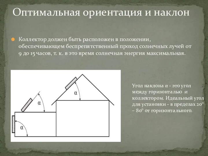 Оптимальная ориентация и наклон Коллектор должен быть расположен в положении, обеспечивающем