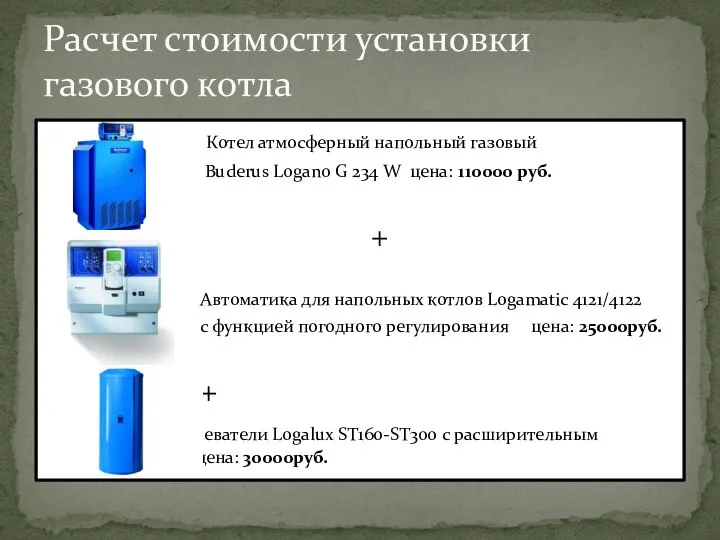 Расчет стоимости установки газового котла Котел атмосферный напольный газовый Buderus Logano