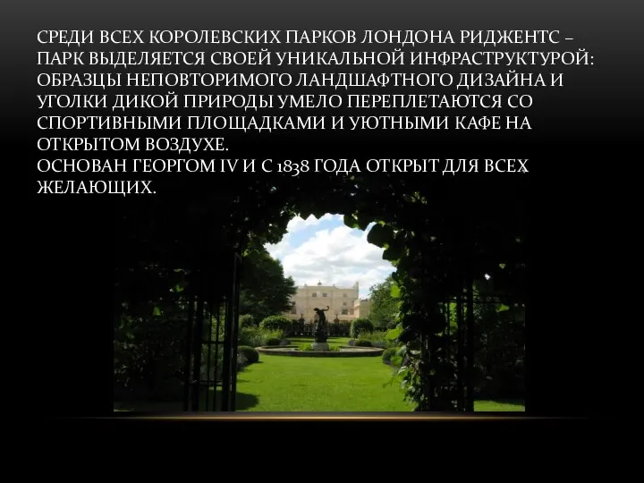 СРЕДИ ВСЕХ КОРОЛЕВСКИХ ПАРКОВ ЛОНДОНА РИДЖЕНТС – ПАРК ВЫДЕЛЯЕТСЯ СВОЕЙ УНИКАЛЬНОЙ