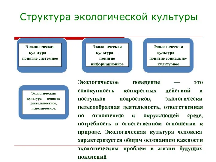 Структура экологической культуры Экологическая культура — понятие системное Экологическая культура —