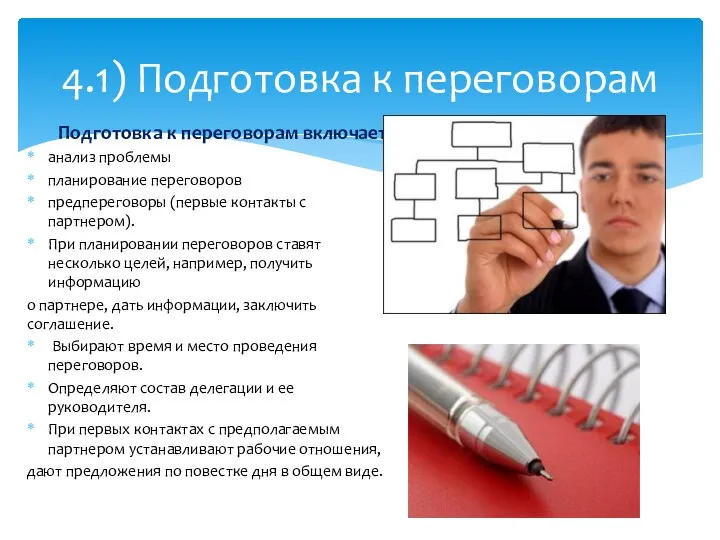 Подготовка к переговорам включает: анализ проблемы планирование переговоров предпереговоры (первые контакты