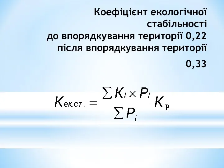 Коефіцієнт екологічної стабільності до впорядкування території 0,22 після впорядкування території 0,33