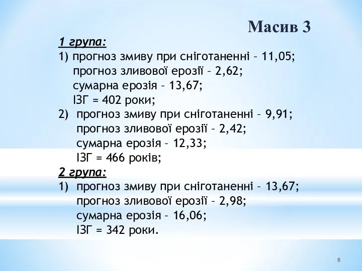 1 група: 1) прогноз змиву при сніготаненні – 11,05; прогноз зливової