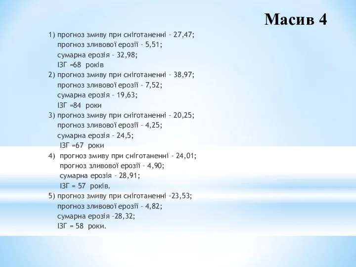 Масив 4 1) прогноз змиву при сніготаненні – 27,47; прогноз зливової