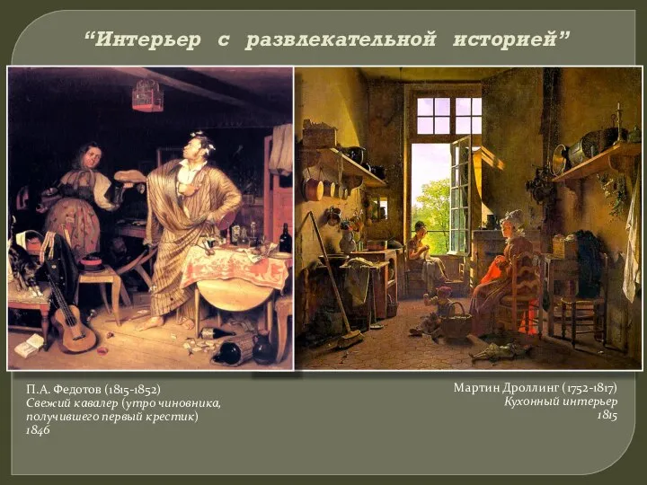 “Интерьер с развлекательной историей” П.А. Федотов (1815-1852) Свежий кавалер (утро чиновника,