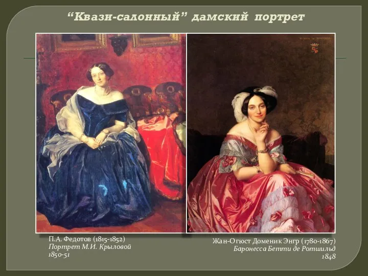 “Квази-салонный” дамский портрет П.А. Федотов (1815-1852) Портрет М.И. Крыловой 1850-51 Жан-Огюст