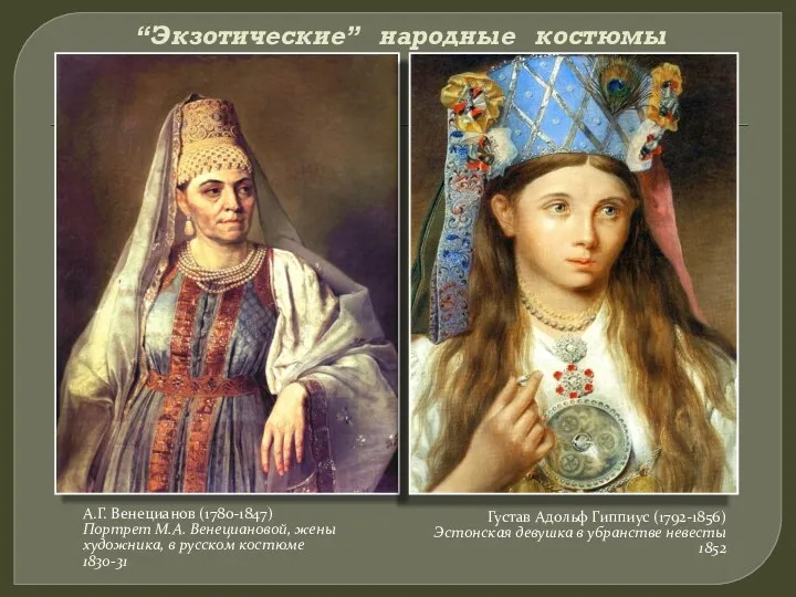 “Экзотические” народные костюмы А.Г. Венецианов (1780-1847) Портрет М.А. Венециановой, жены художника,