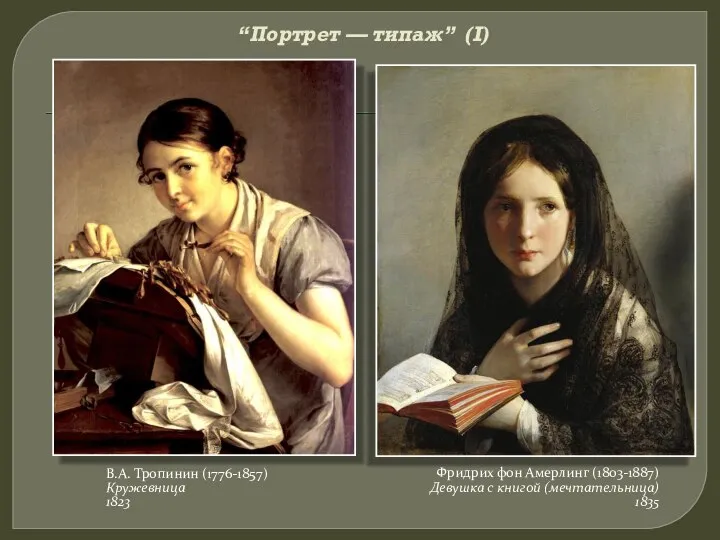 “Портрет — типаж” (I) В.А. Тропинин (1776-1857) Кружевница 1823 Фридрих фон