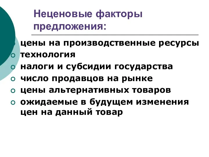 Неценовые факторы предложения: цены на производственные ресурсы технология налоги и субсидии