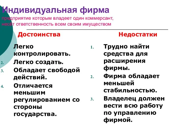 Индивидуальная фирма предприятие которым владеет один коммерсант, несёт ответственность всем своим