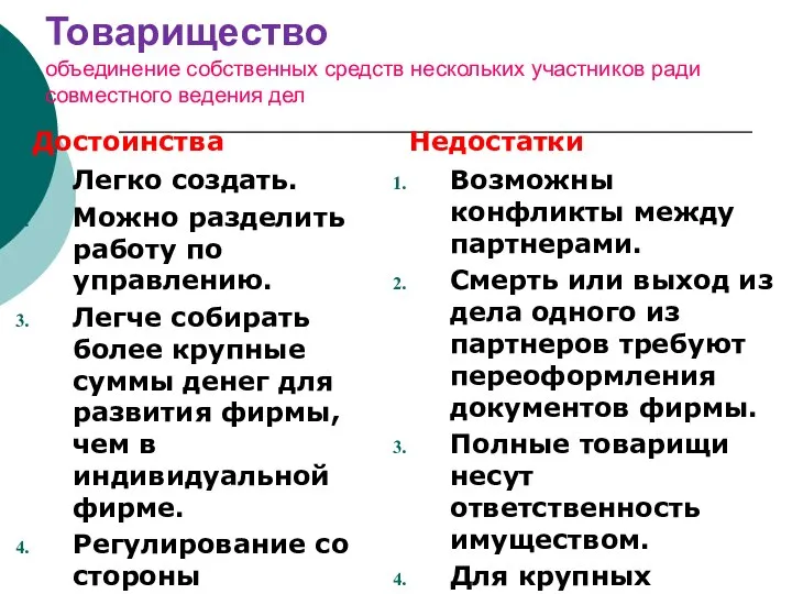 Товарищество объединение собственных средств нескольких участников ради совместного ведения дел Достоинства