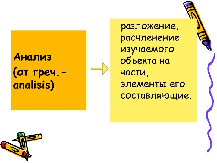 Анализ (от греч.- analisis) разложение, расчленение изучаемого объекта на части, элементы его составляющие.