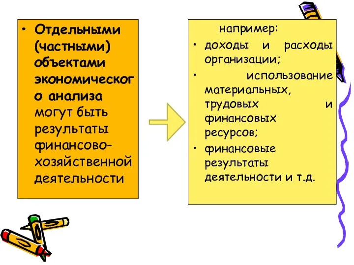 Отдельными (частными) объектами экономического анализа могут быть результаты финансово-хозяйственной деятельности например: