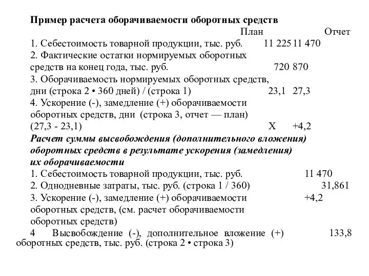 Пример расчета оборачиваемости оборотных средств План Отчет 1. Себестоимость товарной продукции,