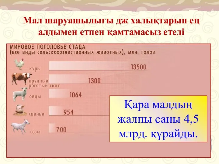 Мал шаруашылығы дж халықтарын ең алдымен етпен қамтамасыз етеді Қара малдың жалпы саны 4,5 млрд. құрайды.