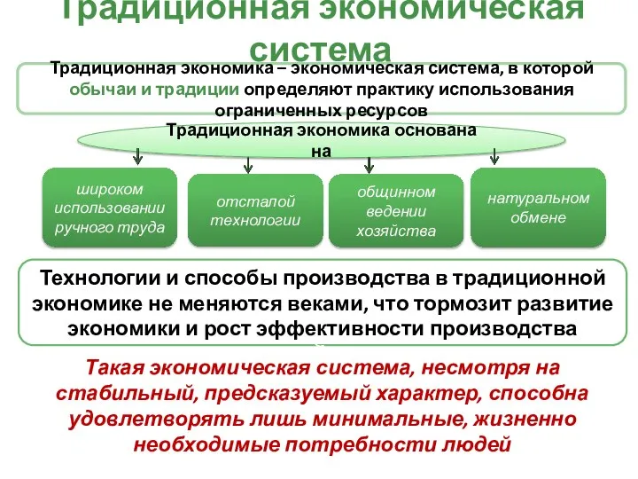 Традиционная экономическая система Традиционная экономика – экономическая система, в которой обычаи