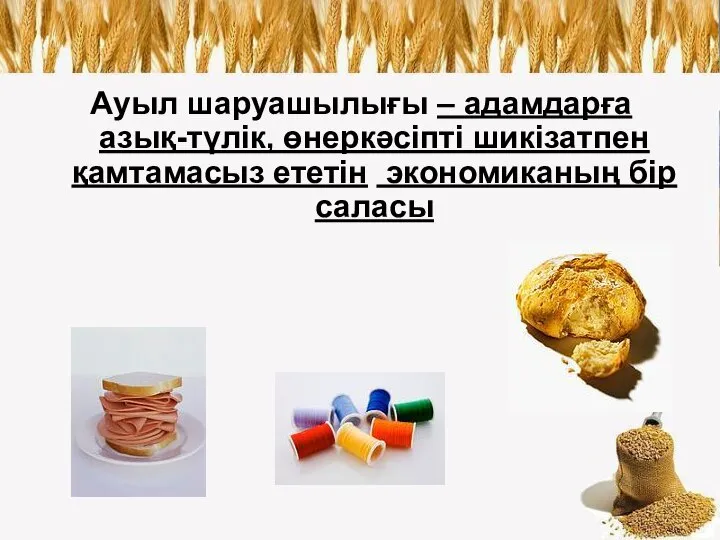 Ауыл шаруашылығы – адамдарға азық-түлік, өнеркәсіпті шикізатпен қамтамасыз ететін экономиканың бір саласы