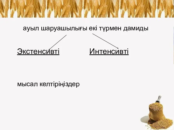 ауыл шаруашылығы екі түрмен дамиды Экстенсивті Интенсивті мысал келтіріңіздер