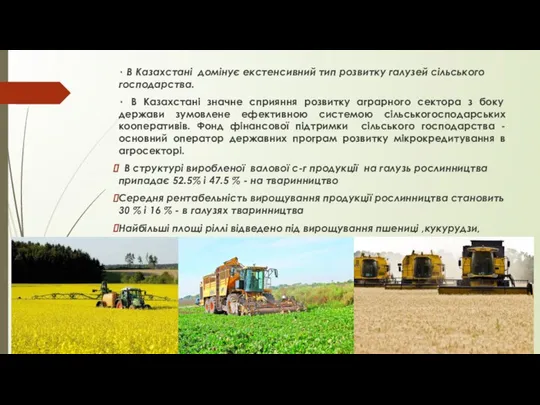 ٠ В Казахстані домінує екстенсивний тип розвитку галузей сільського господарства. ٠