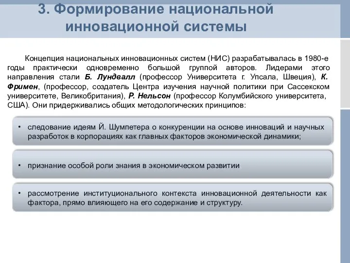 3. Формирование национальной инновационной системы Концепция национальных инновационных систем (НИС) разраба­тывалась