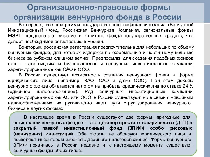 Организационно-правовые формы организации венчурного фонда в России Во-первых, все программы государственного