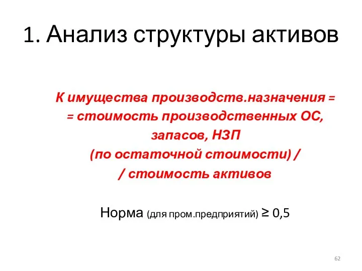 1. Анализ структуры активов К имущества производств.назначения = = стоимость производственных