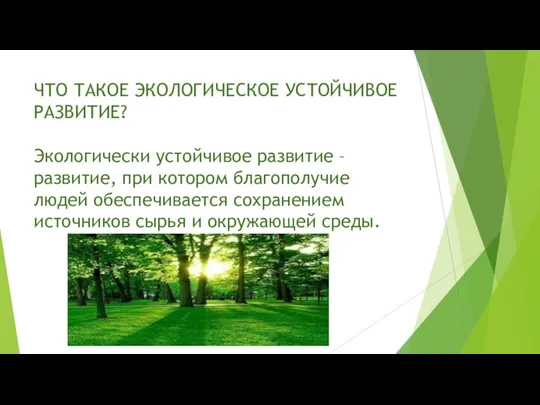 ЧТО ТАКОЕ ЭКОЛОГИЧЕСКОЕ УСТОЙЧИВОЕ РАЗВИТИЕ? Экологически устойчивое развитие – развитие, при