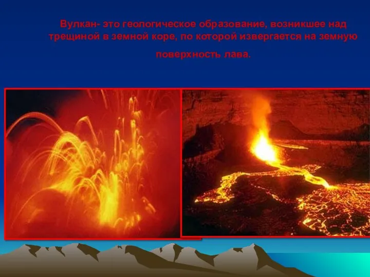 Вулкан- это геологическое образование, возникшее над трещиной в земной коре, по