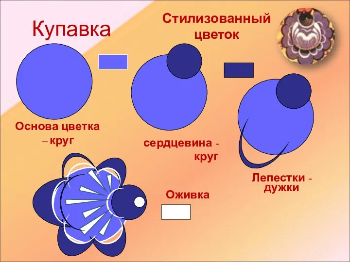 Купавка Стилизованный цветок Основа цветка – круг сердцевина - круг Оживка Лепестки - дужки