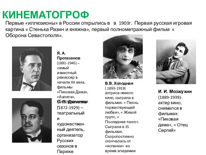 КИНЕМАТОГРОФ Первые «иллюзионы» в России открылись в в 1903г. Первая русская