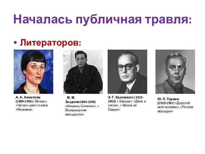 Началась публичная травля: Литераторов: А. А. Ахматова(1889-1966)» Вечер», «Четки»,цикл стихов «Реквием»