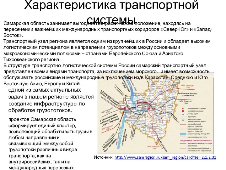 Характеристика транспортной системы Самарская область занимает выгодное географическое положение, находясь на