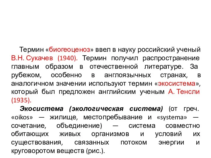 Термин «биогеоценоз» ввел в науку российский ученый В.Н. Сукачев (1940). Термин