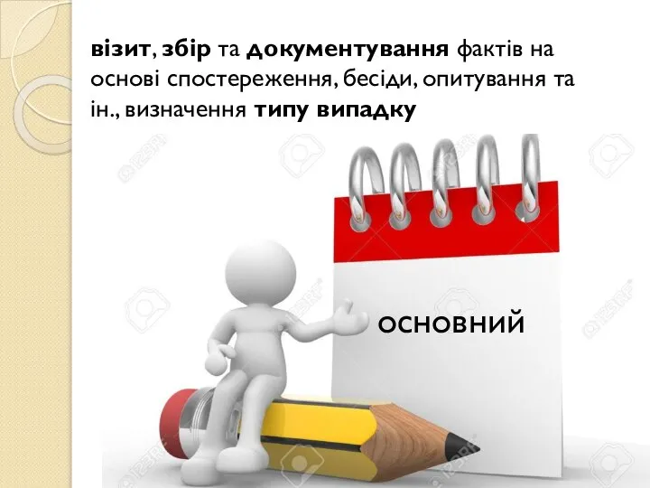 основний візит, збір та документування фактів на основі спостереження, бесіди, опитування та ін., визначення типу випадку