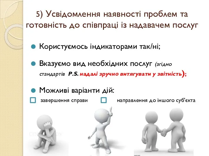 5) Усвідомлення наявності проблем та готовність до співпраці із надавачем послуг