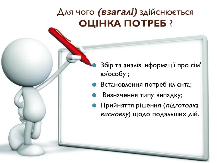 Збір та аналіз інформації про сім’ю/особу ; Встановлення потреб клієнта; Визначення