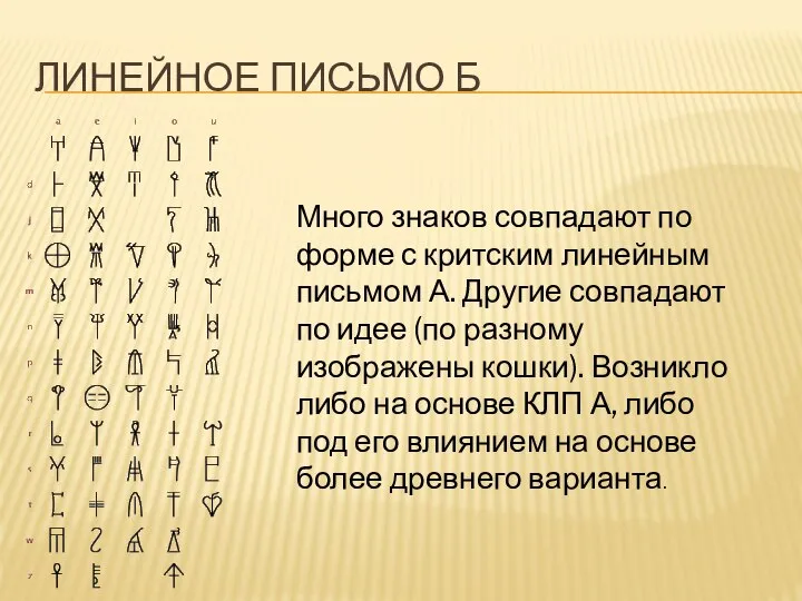 ЛИНЕЙНОЕ ПИСЬМО Б Много знаков совпадают по форме с критским линейным