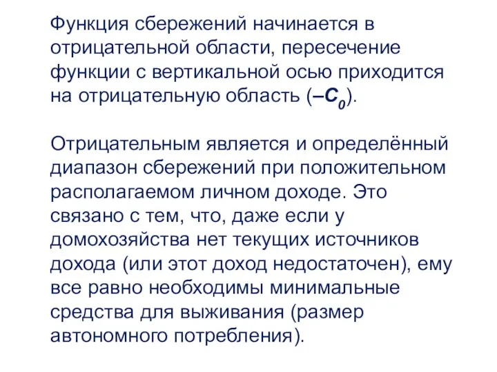 Функция сбережений начинается в отрицательной области, пересечение функции с вертикальной осью