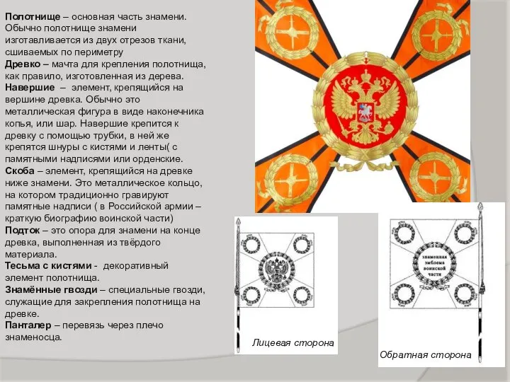 Полотнище – основная часть знамени. Обычно полотнище знамени изготавливается из двух