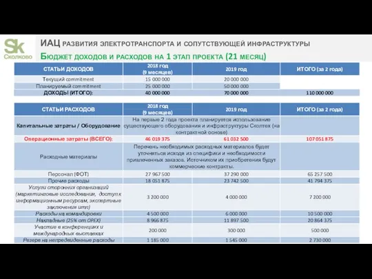 ИАЦ развития электротранспорта и сопутствующей инфраструктуры Бюджет доходов и расходов на 1 этап проекта (21 месяц)