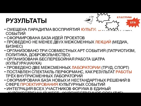 РУЗУЛЬТАТЫ СМЕЩЕНА ПАРАДИГМА ВОСПРИЯТИЯ КУЛЬТУРЫ И КУЛЬТУРНЫХ СОБЫТИЙ СФОРМИРОВАНА БАЗА ИДЕЙ