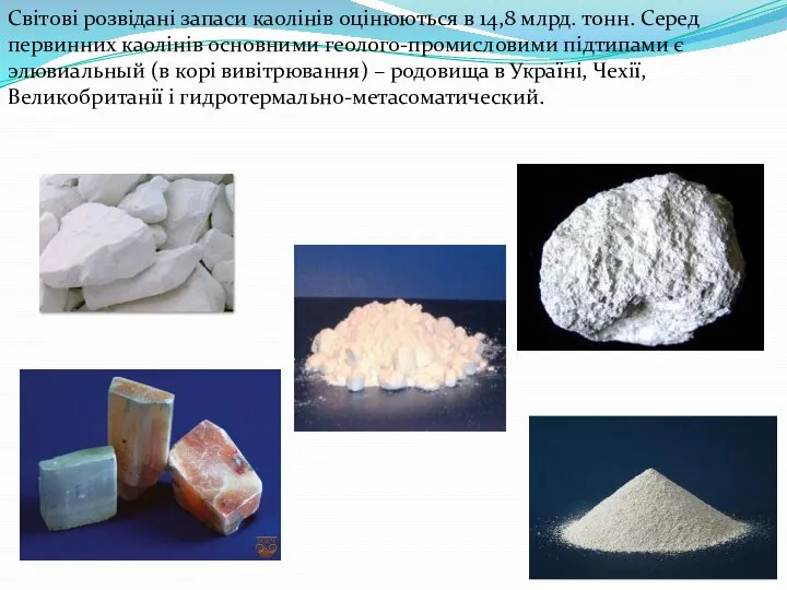 Світові розвідані запаси каолінів оцінюються в 14,8 млрд. тонн. Серед первинних